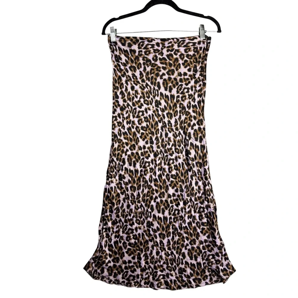 Urban Outfitters Lilac Leopard Print Satin Midi Slip Skirt Purple Brown Small - Picture 2 of 10